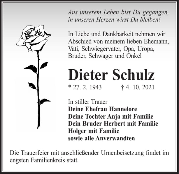 Traueranzeige Dieter Schulz
