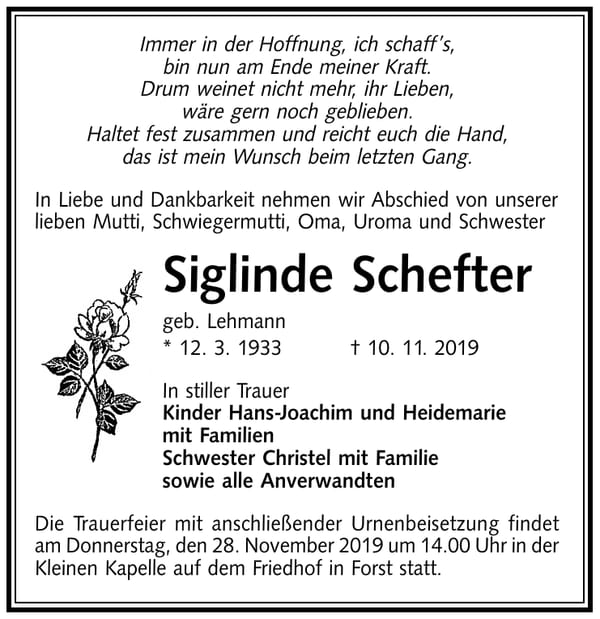 Traueranzeige Siglinde Schefter, geb. Lehmann
