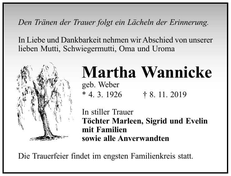 Traueranzeige Martha Wannicke, geb. Weber