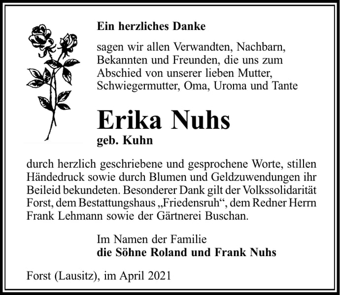 Danksagung Erika Nuhs, geb. Kuhn