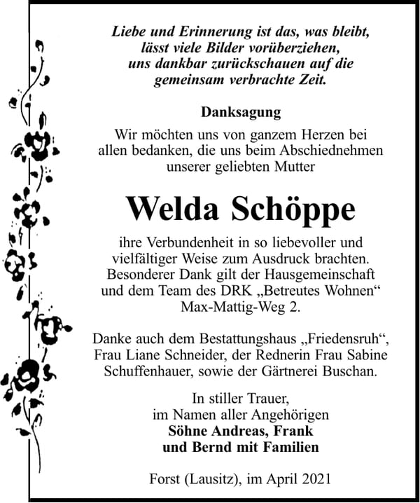 Danksagung Welda Schöppe