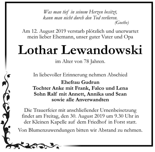 Traueranzeige Lothar Lewandowski