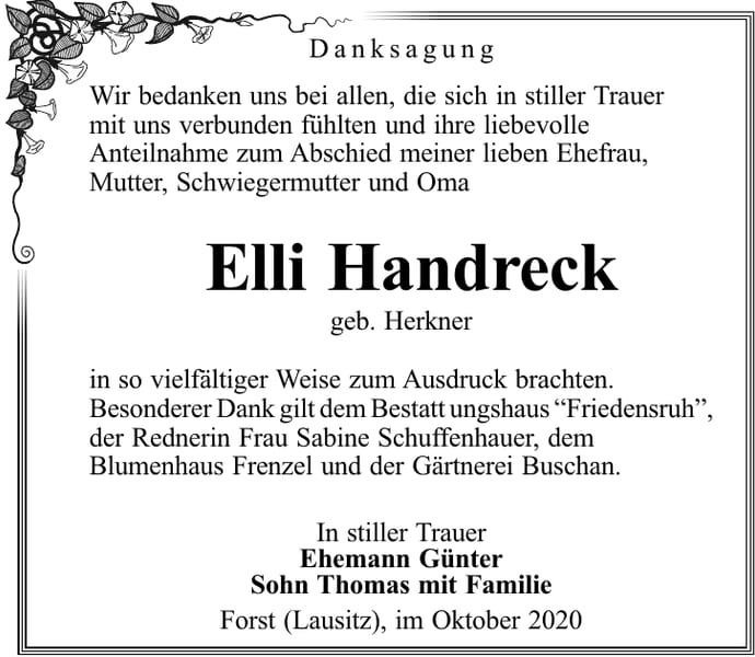 Danksagung Elli Handreck, geb. Herkner