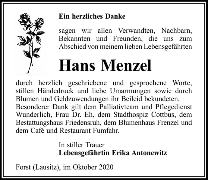 Danksagung Hans Menzel