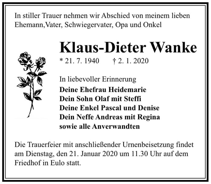 Traueranzeige Klaus-Dieter Wanke