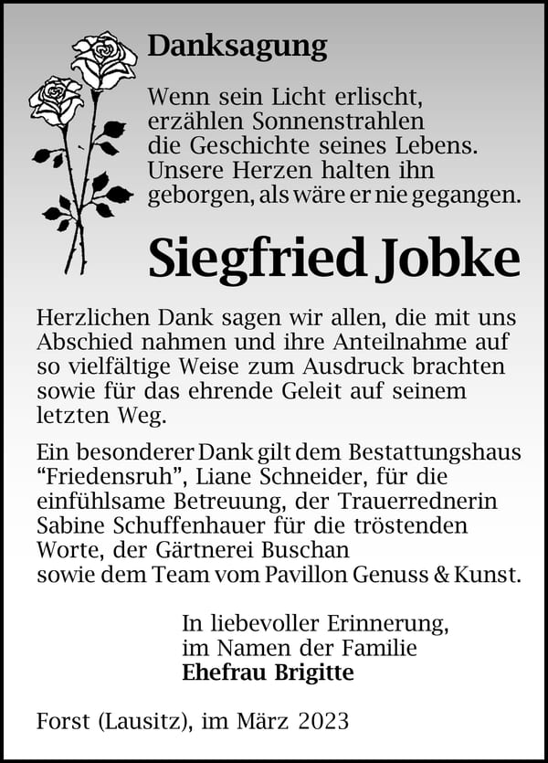 Danksagung Siegfried Jobke