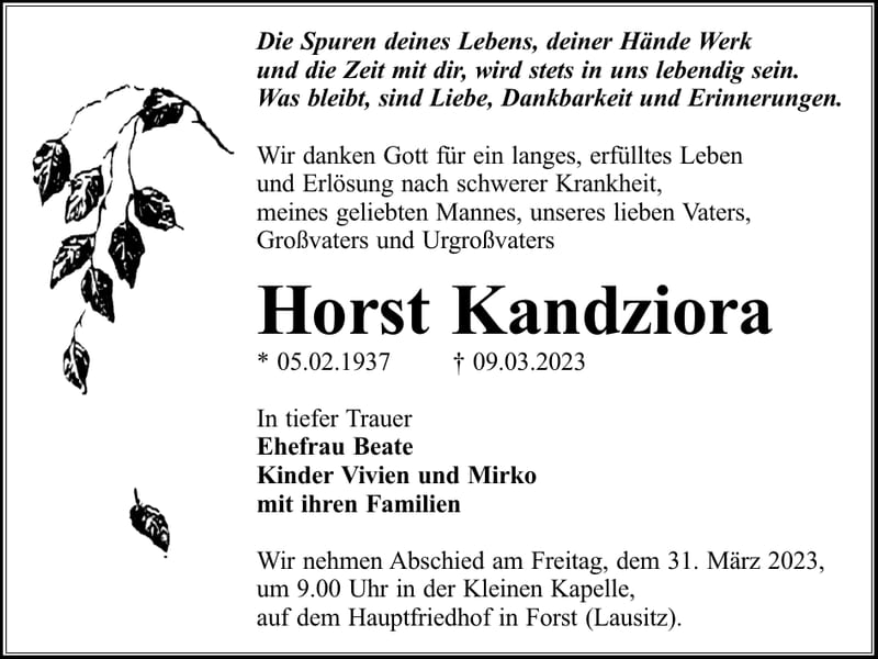 Traueranzeige Horst Kandziora