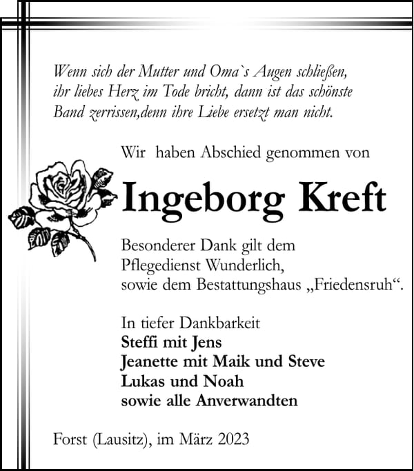 Danksagung Ingeborg Kreft