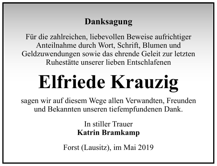 Danksagung Elfriede Krauzig
