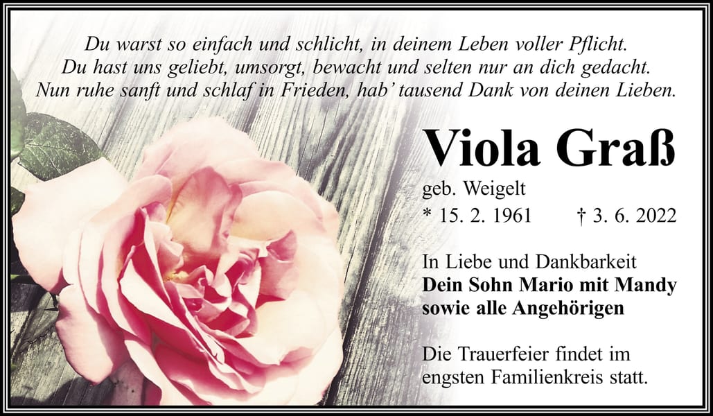 Traueranzeige Viola Graß, geb. Weigelt
