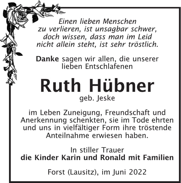 Danksagung Ruth Hübner, geb. Jeske