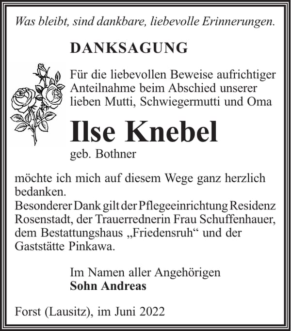 Danksagung Ilse Knebel, geb. Bothner