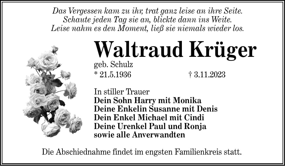 Traueranzeige Waltraud Krüger, geb. Schulz