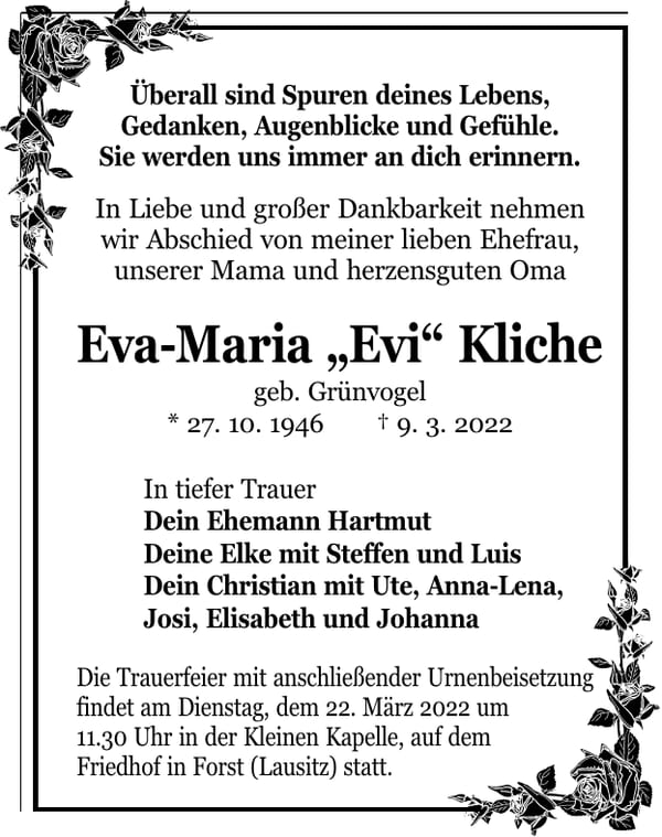 Traueranzeige Eva-Maria „Evi“ Kliche, geb. Grünvogel