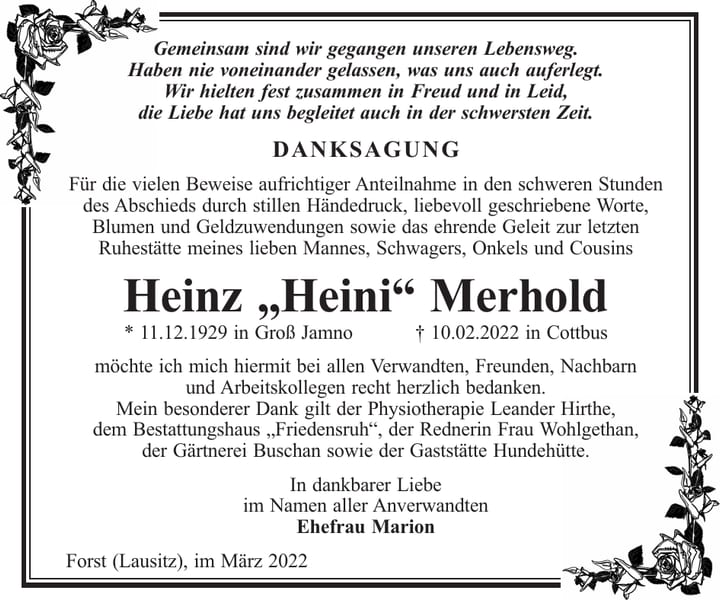 Danksagung Heinz „Heini“ Merhold