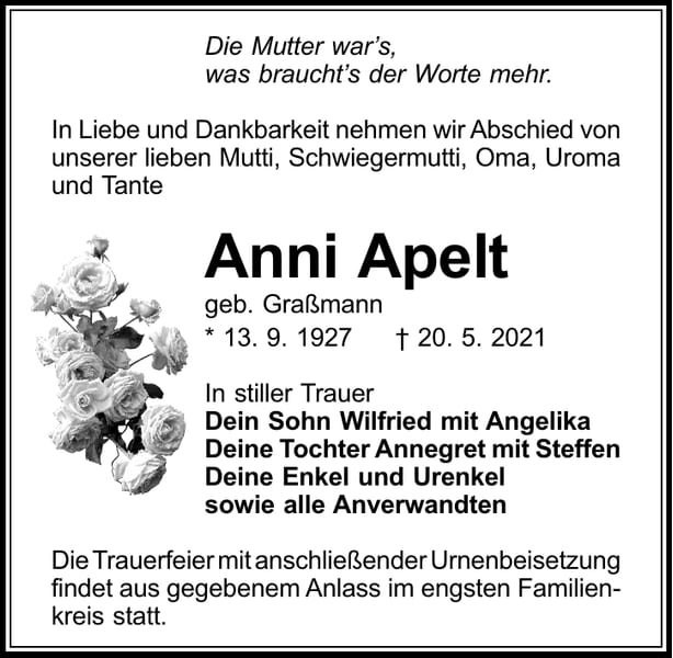 Traueranzeige Anni Apelt, geb. Graßmann