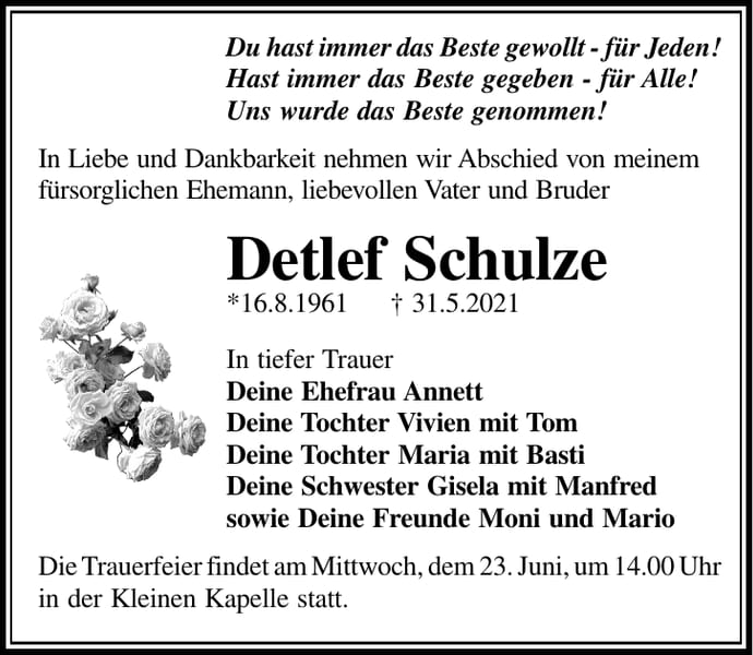Traueranzeige Detlef Schulze