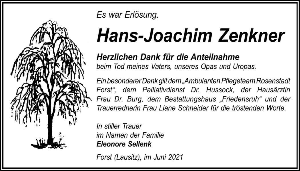 Danksagung Hans-Joachim Zenkner