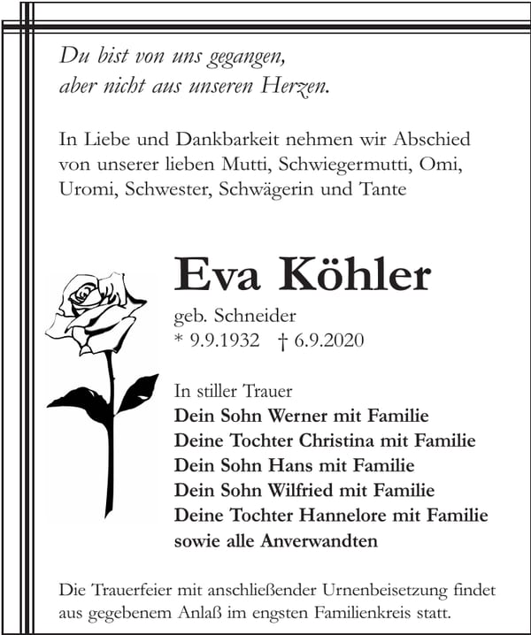 Traueranzeige Eva Köhler, geb. Schneider