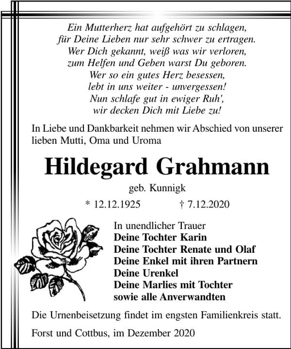 Traueranzeige Hildegard Grahmann, geb. Kunnigk
