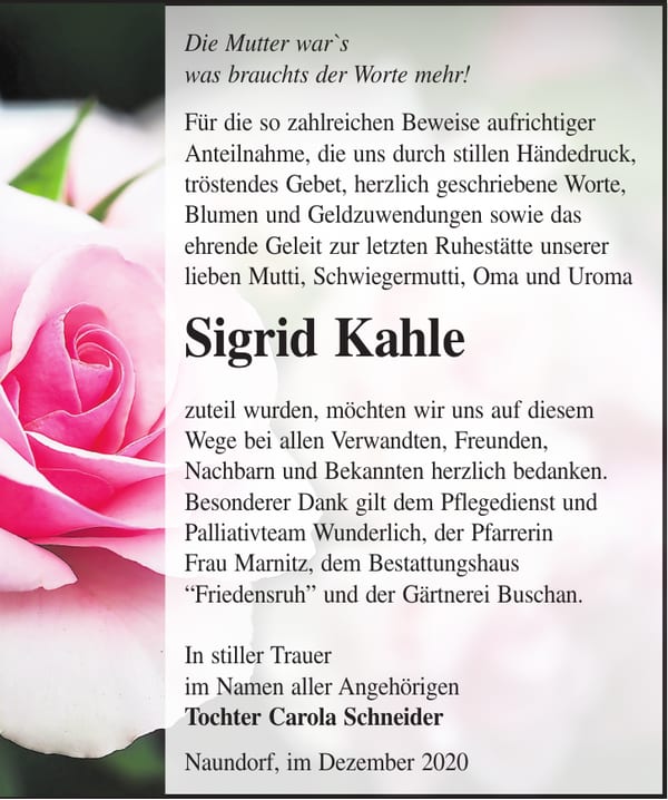 Traueranzeige Sigrid Kahle