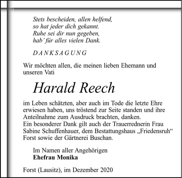 Danksagung Harald Reech