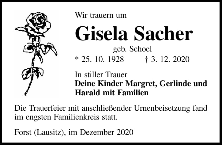 Traueranzeige Gisela Sacher, geb. Schoel