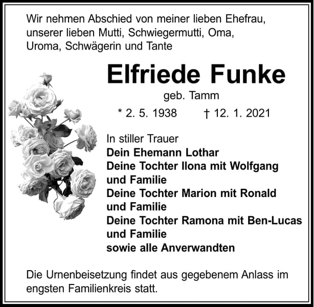 Traueranzeige Elfriede Funke, geb. Tamm