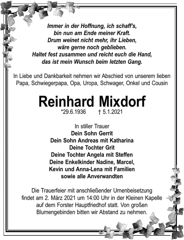 Traueranzeige Reinhard Mixdorf