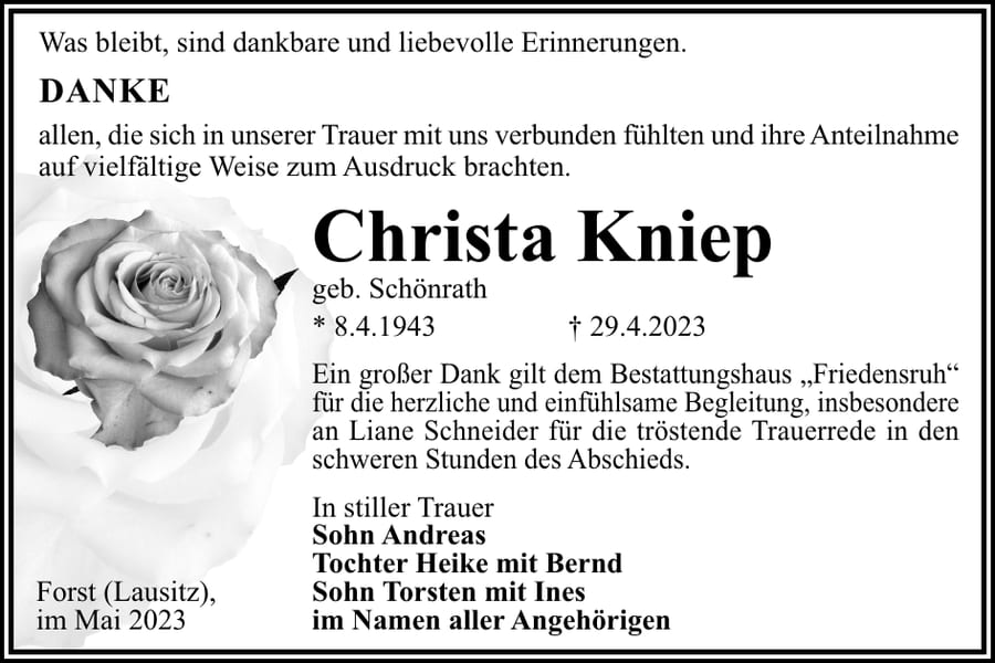 Danksagung Christa Kniep, geb. Schönrath