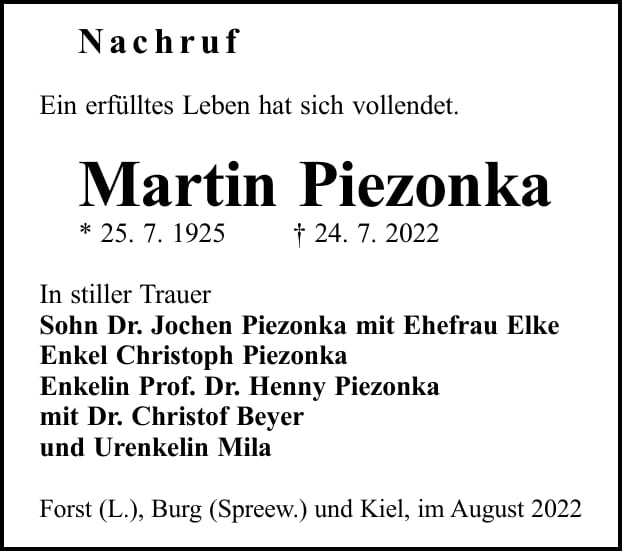 Nachruf Martin Piezonka