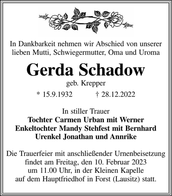 Traueranzeige Gerda Schadow, geb. Krepper