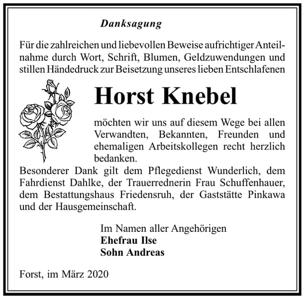 Danksagung Horst Knebel