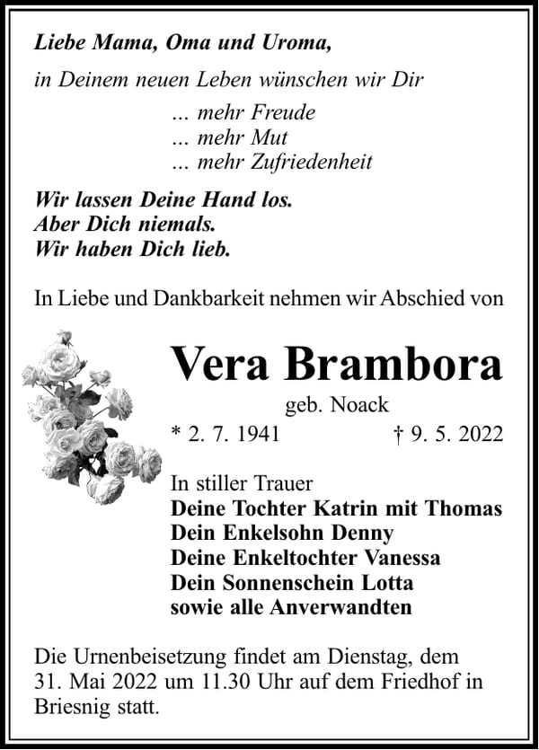 Traueranzeige Vera Brambora, geb. Noack