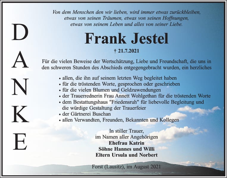 Danksagung Frank Jestel