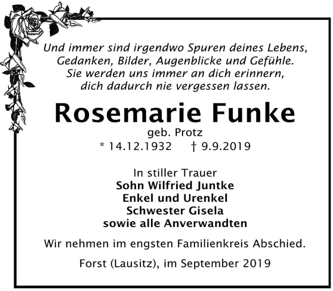Traueranzeige Rosemarie Funke, geb. Protz