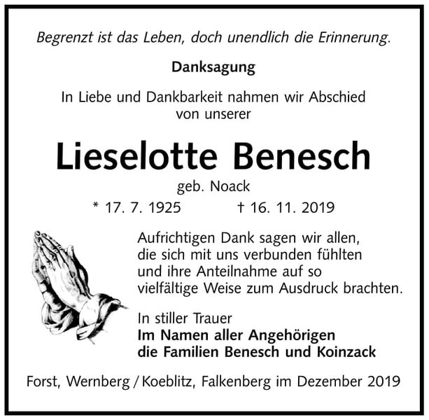 Danksagung Lieselotte Benesch, geb. Noack
