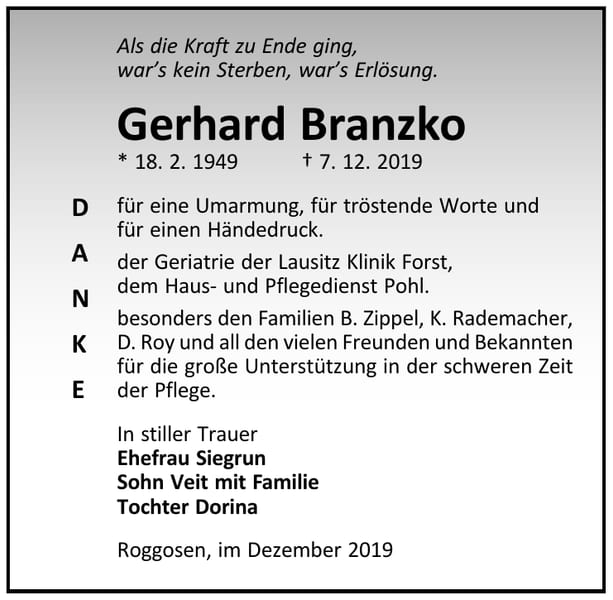 Traueranzeige Gerhard Branzko