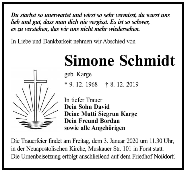 Traueranzeige Simone Schmidt, geb. Karge
