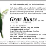 Traueranzeige Grete Kunze, geb. Paul