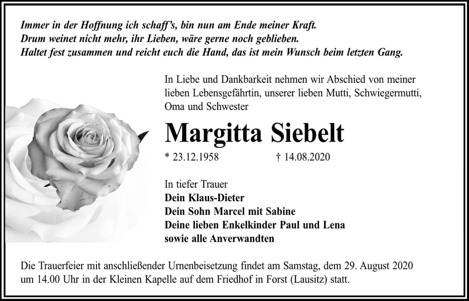 Traueranzeige Margitta Siebelt