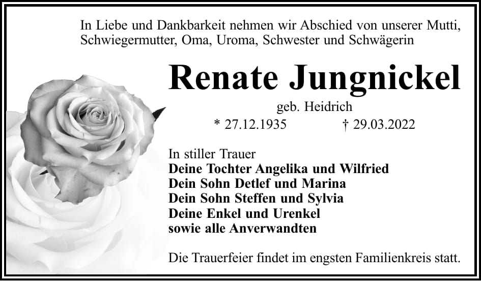 Traueranzeige Renate Jungnickel, geb. Heidrich