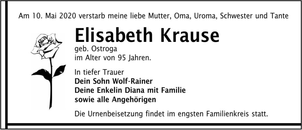 Traueranzeige Elisabeth Krause, geb. Ostroga