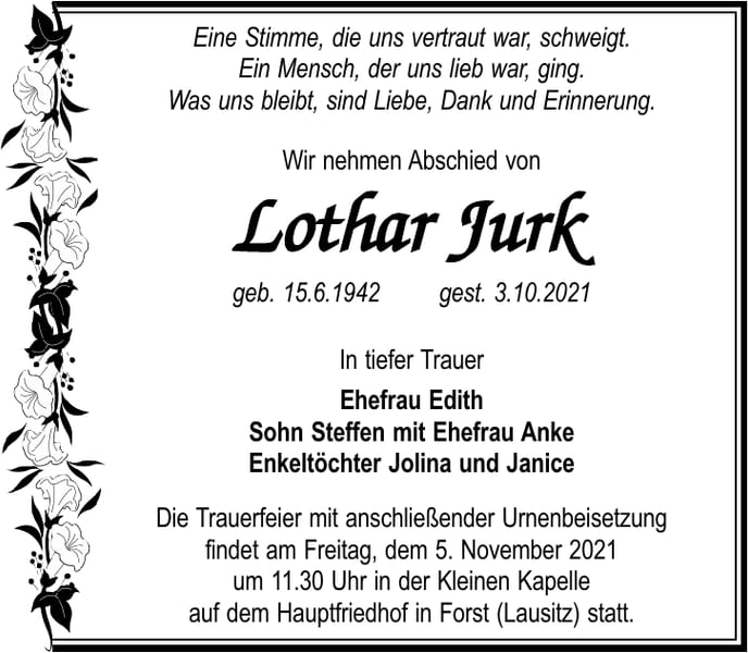 Traueranzeige Lothar Jurk