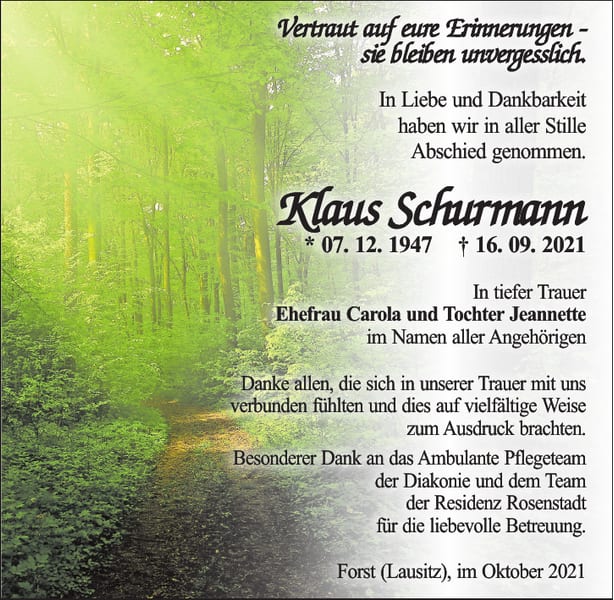 Traueranzeige Klaus Schurmann