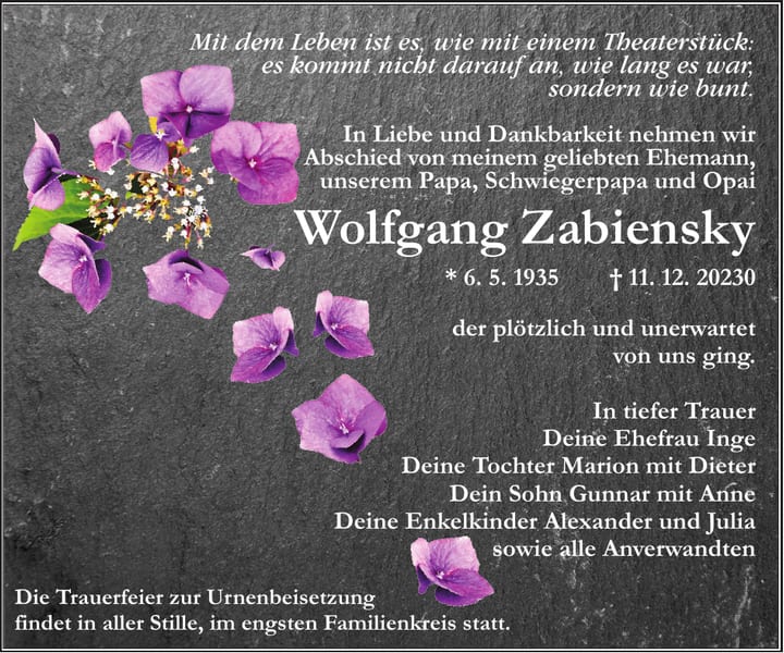 Traueranzeige Wolfgang Zabiensky