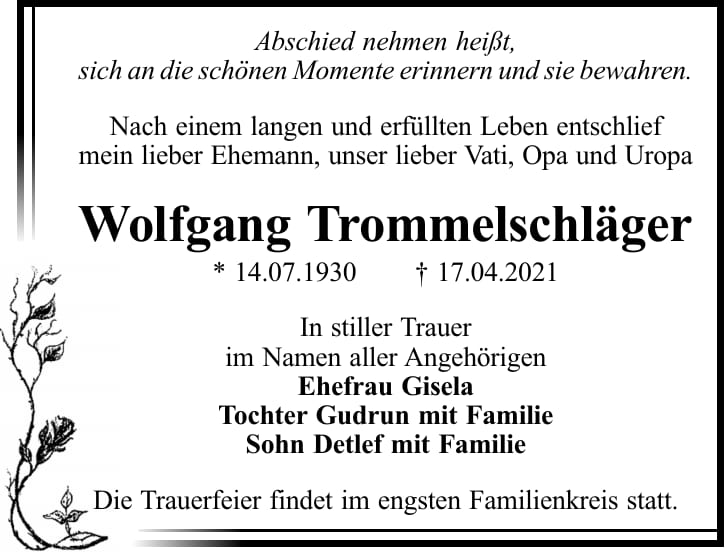 Traueranzeige Wolfgang Trommelschläger