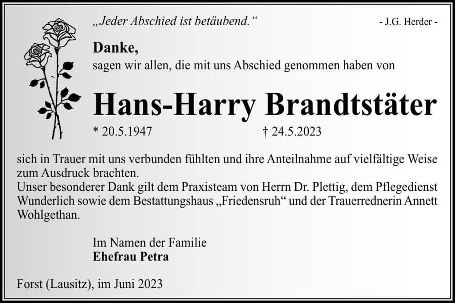 Danksagung Hans-Harry Brandtstäter