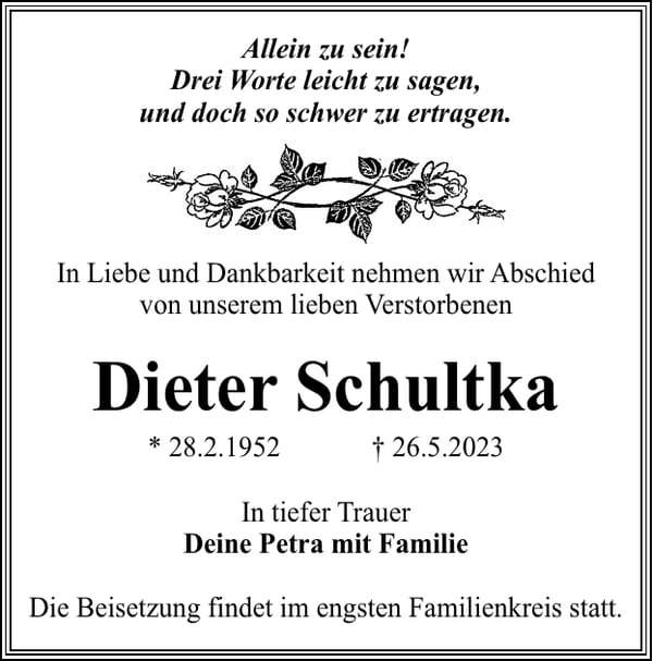 Traueranzeige Dieter Schultka