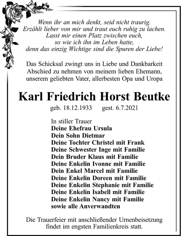 Traueranzeige Karl Friedrich Horst Beutke